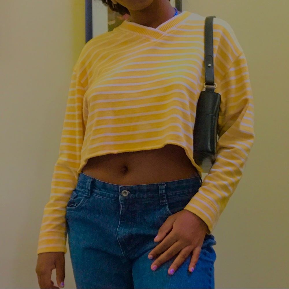 yellow and white striped v neck sweater